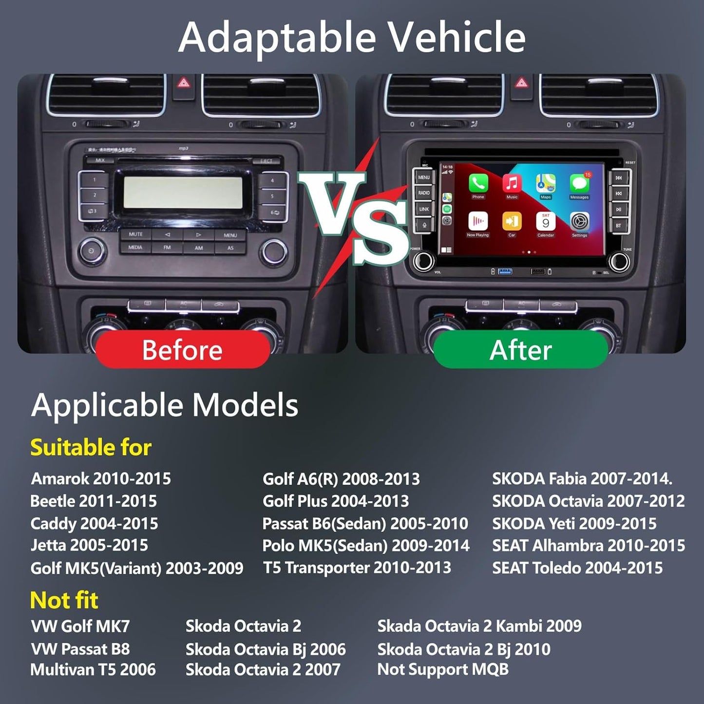 Linux Autoradio met 7 inch scherm voor Golf 5 6 VW Polo T5 Passat Touran Seat met navigatie, FM/AM, Apple CarPlay, Android Auto, stuurbediening, 2Din Dab auto radio met touchscreen