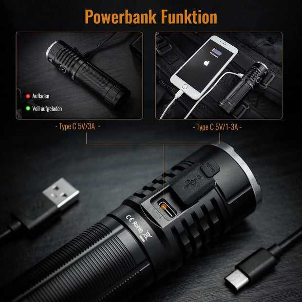 Zaklamp - Tactische Zaklamp - Krachtige - Oplaadbare - Draagbare - met 6 Helderheidsmodi - Li-Ion Batterij - Powerbankfunctie - voor Zoeken - Wandelen - Noodsituatie - 5000Lm - 5V - ‎IPX8 - Zwart
