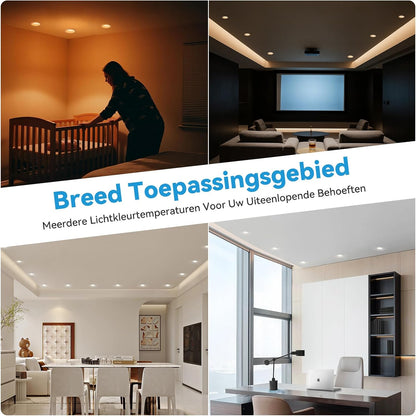 KEELED Inbouwspots voor Plafond, Inbouwverlichting met Nachtlampfunctie, 230V, 6W, 3 kleurtemperaturen 3000K/4000K/6000K selecteerbaar, 70-85mm inbouwgat, 24 stuks