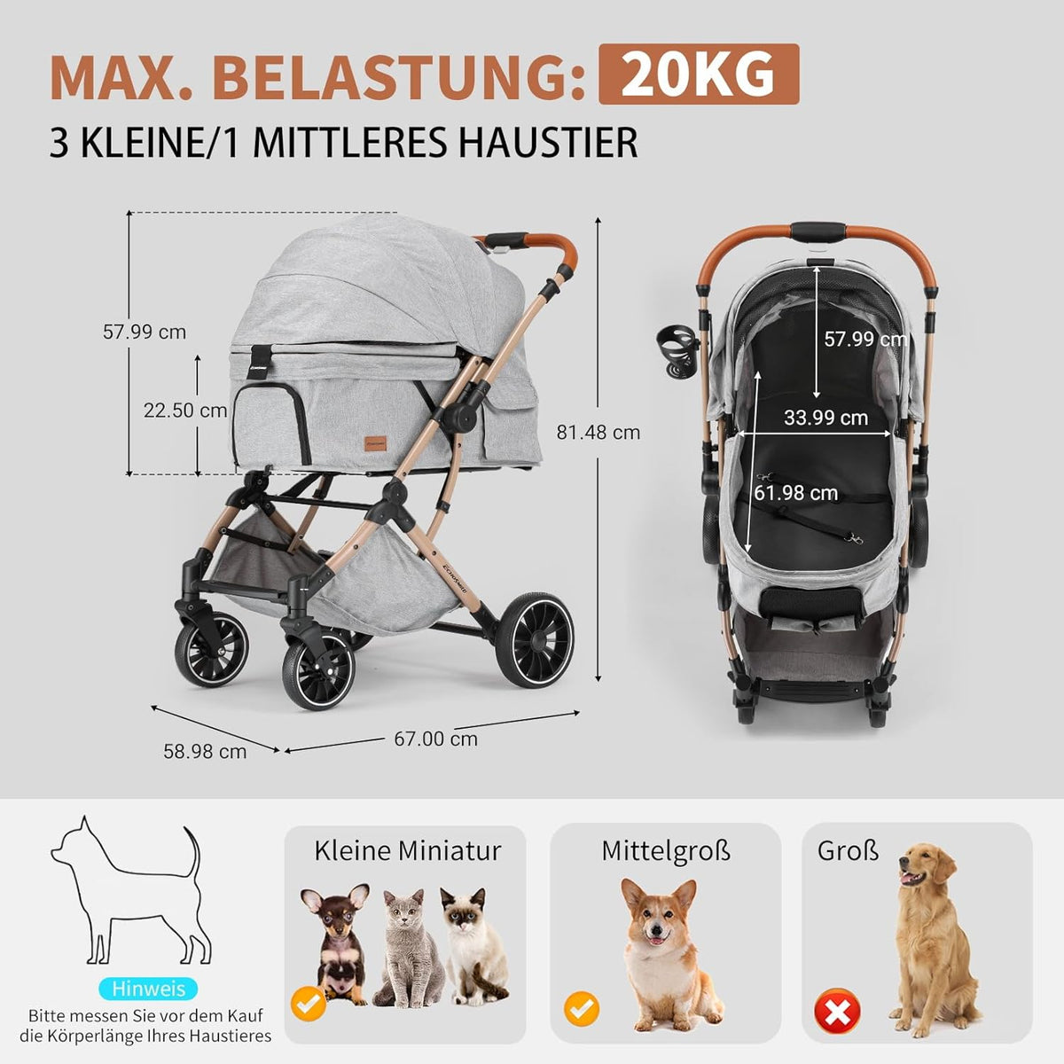 EchoSmile Opvouwbare hondenwagen, hondenbuggy tot 20 kg, voor kleine middelgrote honden en katten, hondenbuggy en kattenwagen met omkeerbare handgreep, schokdemping en afneembaar wasbaar pad, grijs