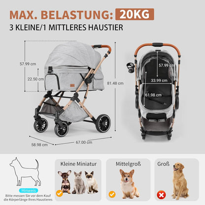 EchoSmile Opvouwbare hondenwagen, hondenbuggy tot 20 kg, voor kleine middelgrote honden en katten, hondenbuggy en kattenwagen met omkeerbare handgreep, schokdemping en afneembaar wasbaar pad, grijs