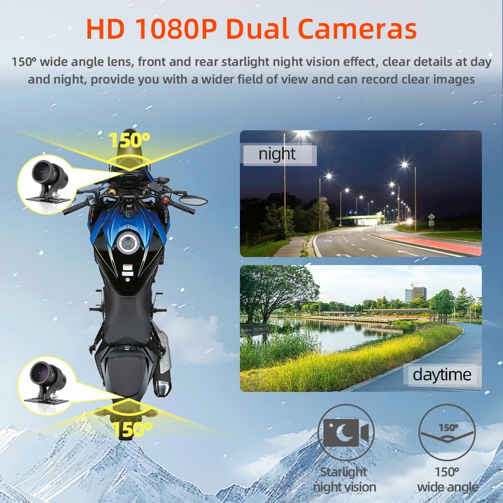 VSYSTO Motor-dashcam met 150° groothoek, dubbele lens voor en achter, 1080p motorcamera, waterdicht, met OLED-bekabelde controller, Starlight nachtzicht, TPMS, G-sensor, WDR