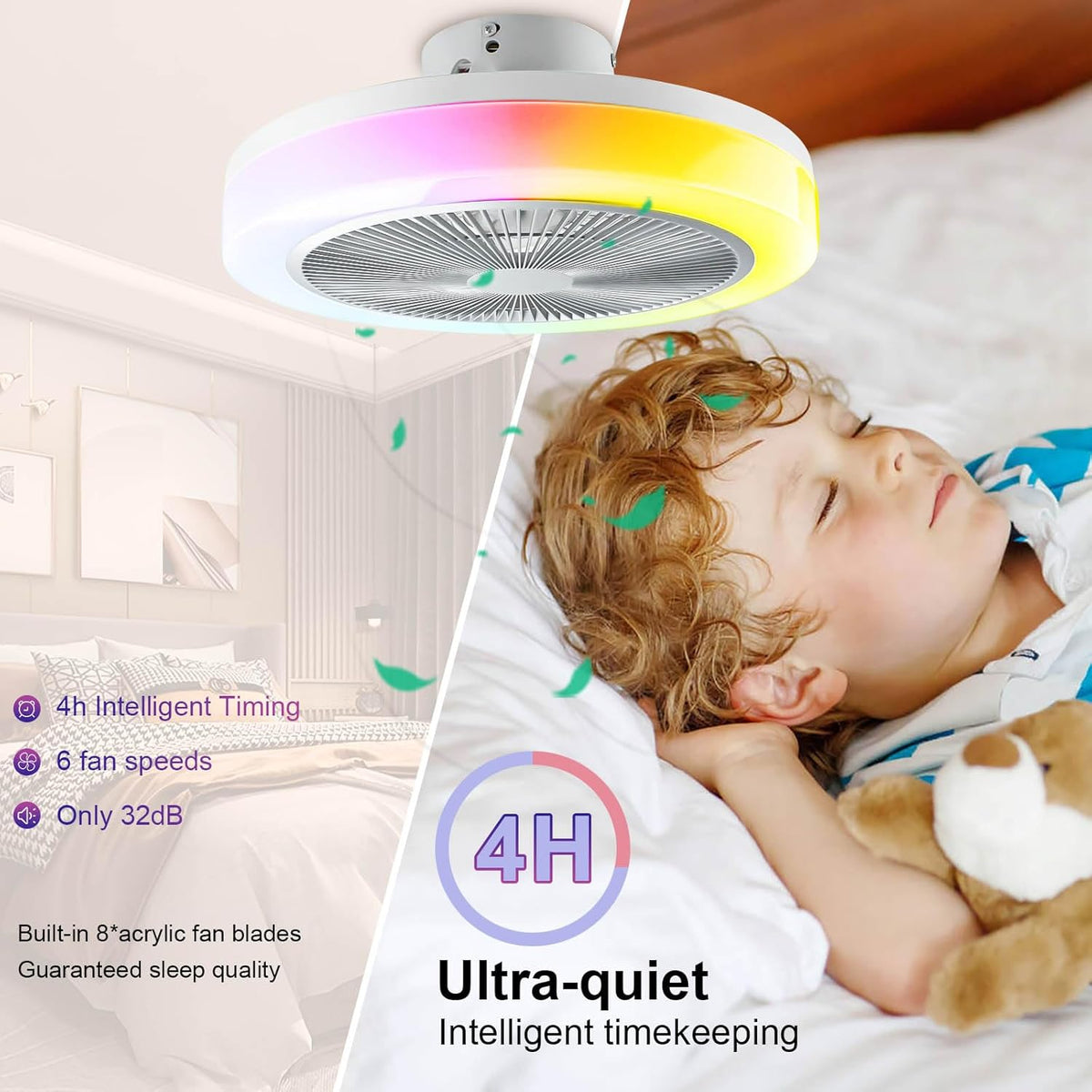 LED plafondlamp met ventilator timer Rustige moderne RGB plafondventilator met verlichting en afstandsbediening &APP, dimbare Bluetooth muziek LED plafondlamp voor slaapkamer woonkamer