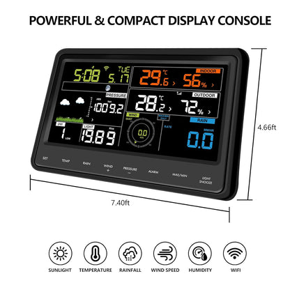 Ecowitt Weerstation met wifi, professioneel digitaal weersvoorspellingsstation met groot kleurendisplay, 7-in-1 sensor, werkt op zonne-energie, voor binnen, 3-in-1, geïntegreerde sensor, WS2910