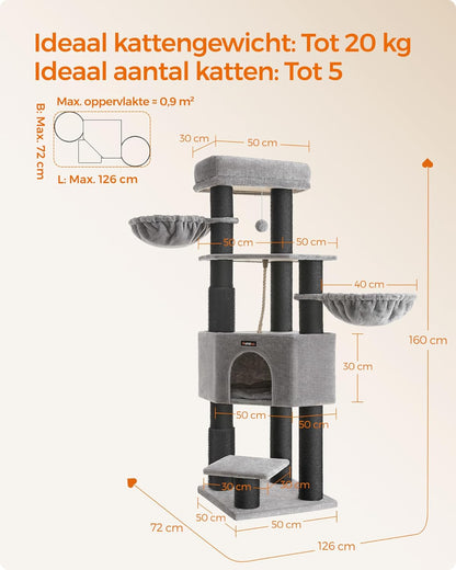 Krabpaal – Kattenboom – Kattenmeubel – Krabmeubel – Speelboom – Groot Formaat 160 cm Hoog – 11,3 cm Dikke Sisal Palen