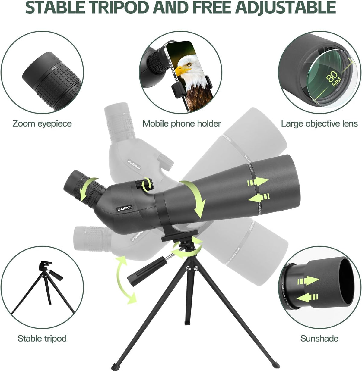 Richtkijker, jachtverrekijker om te schieten, waterdichte telescoop met statief met BAK4-prisma, telefoonadapter, draagtas (80b)