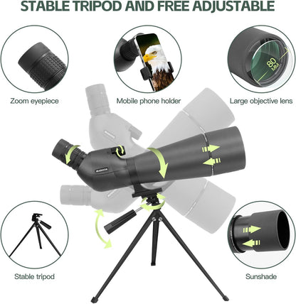 Richtkijker, jachtverrekijker om te schieten, waterdichte telescoop met statief met BAK4-prisma, telefoonadapter, draagtas (80b)