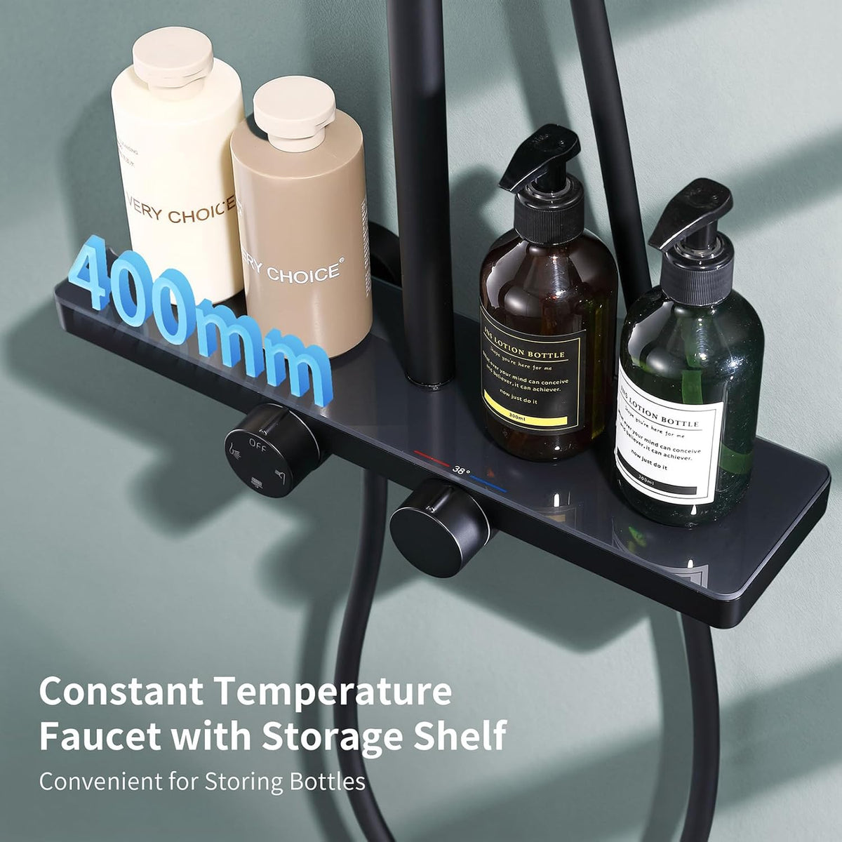 Douchepakket – Regendouche – Thermostaatkraan – Handdouche – Douchecombinatie – Zwart Design – Glazen Plank 40x10 cm – 38°C Veiligheidsstop