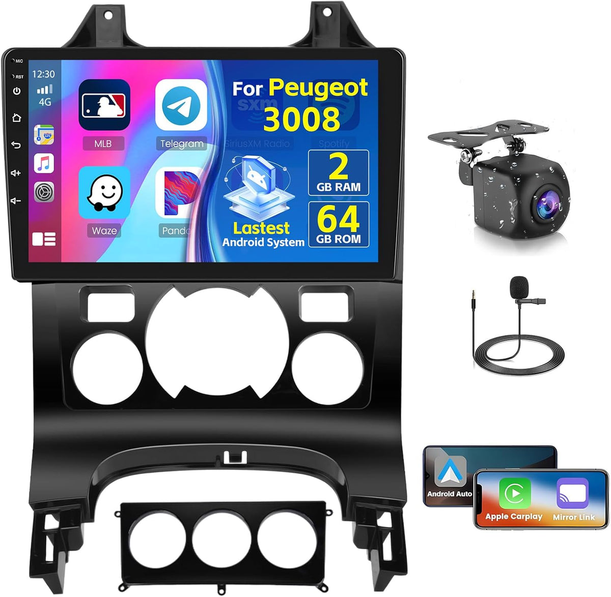 Inefala 2+64G Radio voor Peugeot 3008 2009-2015 Android met Wireless CarPlay Android Auto, 9 Inch Autoradio Bluetooth WIFI 26UI GPS FM EQ SWC AHD Achteruitkijkcamera