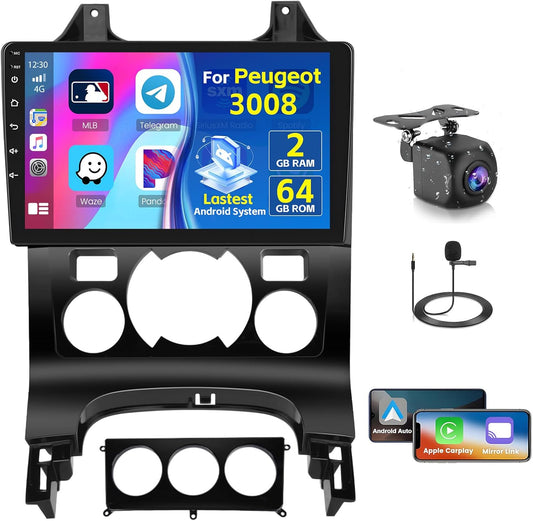 Inefala 2+64G Radio voor Peugeot 3008 2009-2015 Android met Wireless CarPlay Android Auto, 9 Inch Autoradio Bluetooth WIFI 26UI GPS FM EQ SWC AHD Achteruitkijkcamera