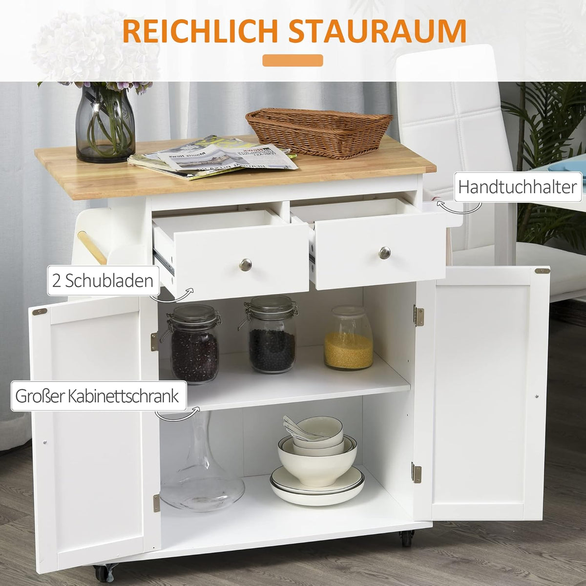 HOMCOM Kitchen trolley with wheels, serving trolley with spice rack, kitchen aid, P2 MDF, rubber tree wood, white + natural, 89 x 45 x 89.5 cm - QUORE
