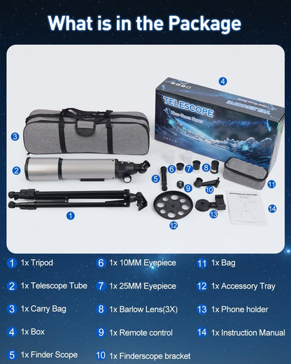 Telescoop 90/600 mm astronomie refractor met aluminium statief - complete set met 2 oculairs (10 mm & 25 mm), 3 x Barlow lens, smartphone-adapter en draagtas