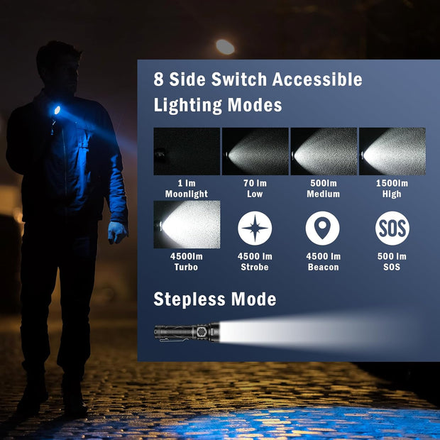 Zaklamp - Tactische Zaklamp - Oplaadbare - 4 Hoge Intensiteit LEDs - Met Riemclip - Aluminium Behuizing - 5000mAh - 4500 Lm - 3.7V - Compact - ‎IPX4 Waterdicht - 35 mm - Zwart