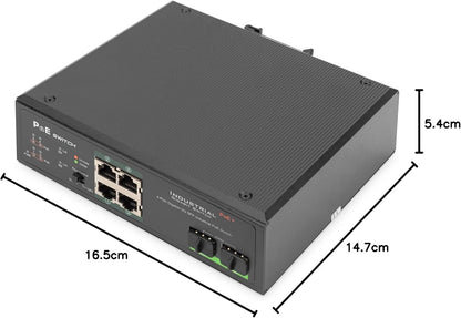 DIGITUS industriële 6-poorts Gigabit PoE netwerkswitch - 4x RJ45 + 2x Gigabit SFP uplink - unmanaged - DIN rail montage - 10/100/1000 Mbit/s - zwart