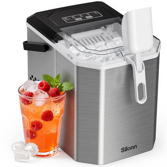 Silonn IJsblokjesmachine met handvat - draagbaar & zelfreinigend, mini ijsmaker 9 ijsblokjes / 6 min. 12 kg/dag, ijsblokjes eenvoudig uitnemen en overal gebruiken