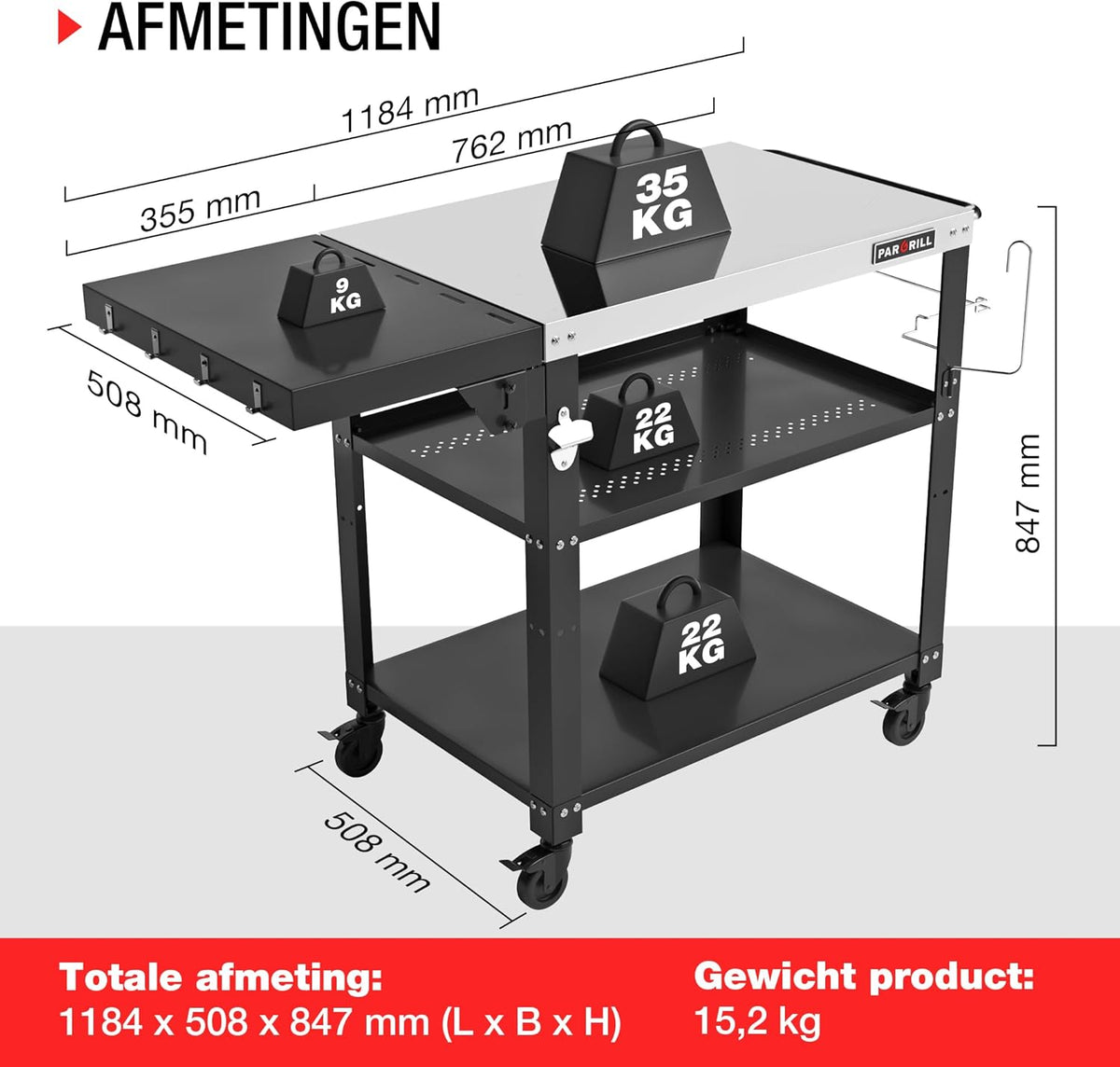 PARGRILL barbecuetrolley mobiele serveerwagen met 3 niveaus, opklapbare zijtafel en 360° zwenkbare wielen met rem - Multifunctionele roestvrijstalen buitenbarbecuetafel voor BBQ en tuin