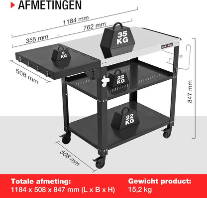 PARGRILL barbecuetrolley mobiele serveerwagen met 3 niveaus, opklapbare zijtafel en 360° zwenkbare wielen met rem - Multifunctionele roestvrijstalen buitenbarbecuetafel voor BBQ en tuin