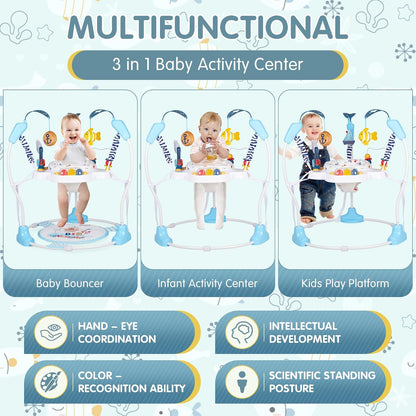 JP2401 Baby Activity Center 3-in-1 Baby Activity Center with 360° Rotating Seat, Music, Lighting, 3 Adjustable Heights, Children's Activity Bridge for More - QUORE