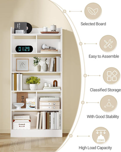 Hzuaneri 6 Tier Bookcase and Bookshelf, Freestanding Display Organizer with 8 Divided Sections, for Home Office, Living Room and Bedroom, 24 x 80 x 170cm, White, BC11803X