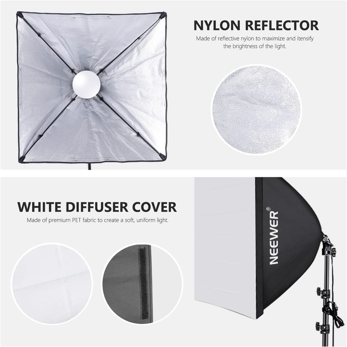 Neewer® Fotoscherm, 700 W, voor professionele fotografie - 60 x 60 cm - Softbox met E27-fitting - Verlichtingsset voor fotostudio-portrets, productfotografie en video-draais