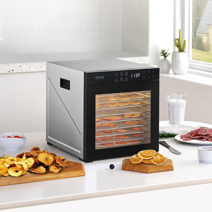 VEVOR Voedseldroger voor levensmiddelen, 10 schalen van roestvrij staal, elektrische voedseldroger met 1000 W met instelbare temperatuur en 24-uurs timer, voor droog vlees, fruit, groenten