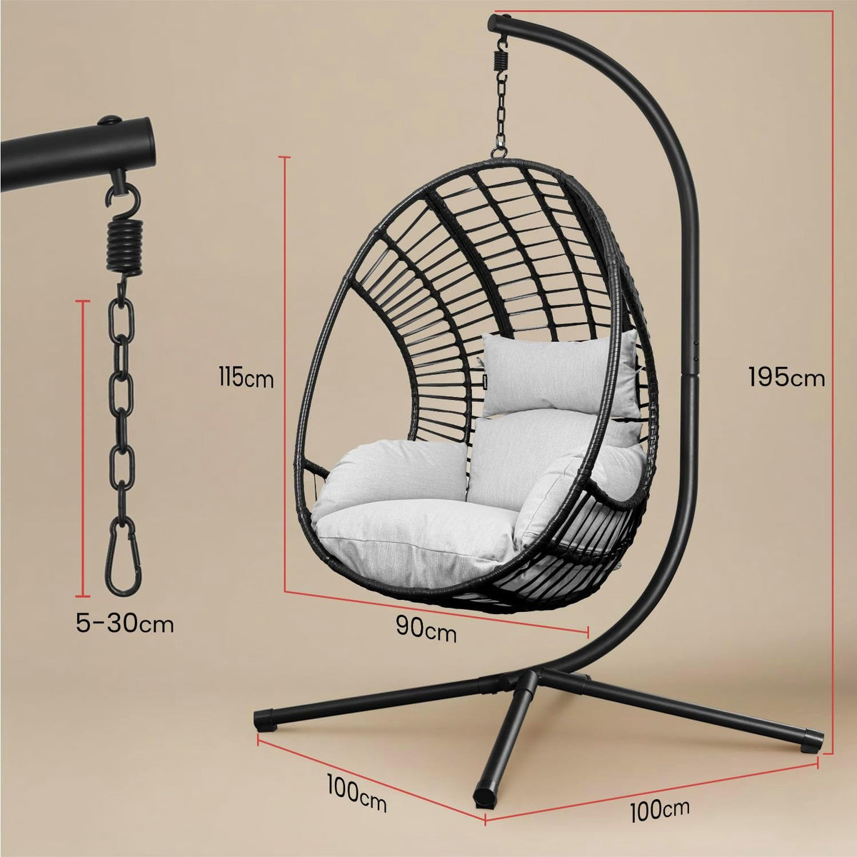 Swoods XXL Egg Hangstoel – Hangstoel met standaard – Voor Binnen en Buiten – Incl. Kussens – Egg Chair – Weerbestendig - Ei Stoel – tot 150kg (Lichtgrijs)