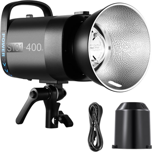 NEEWER S101-400 W stroboscooplicht met 9 niveaus, modelleerlamp 150 W, 400 W, GN65, 5600 K, met reflector met standaard Bowens frame, stille ventilator in S1/S2-modus voor fotografie studio