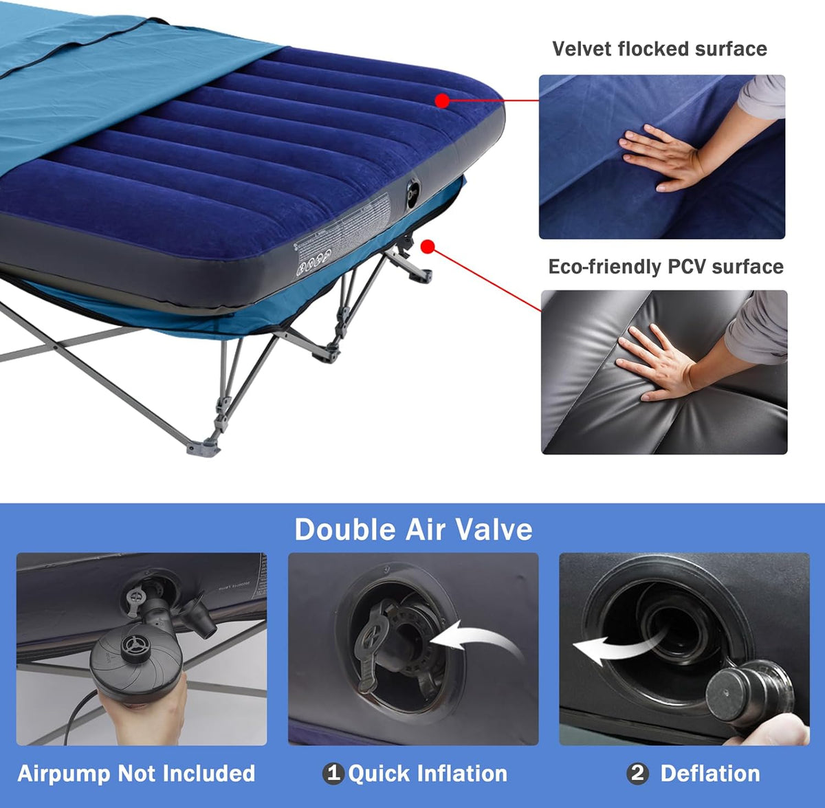 KAMPKEEPER Camping Cot, Opvouwbare Camping Cot met Opblaasbare Luchtmatras en Draagtas, voor Outdoor Travel Camp Beach Vakantie, Ondersteunt 500 lbs (niet inbegrepen de Airpump) -Queen