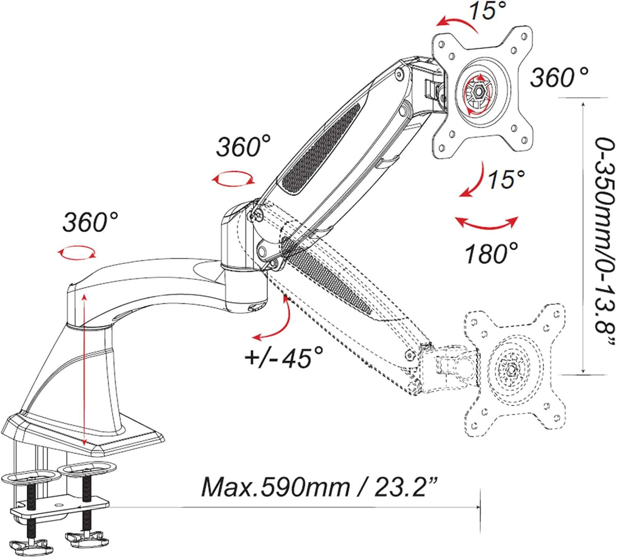 Monitorarm – Monitorbeugel – Monitorhouder – Schermarm – Tafelbeugel – Wit – Gasdrukveer – VESA 75x75 En 100x100