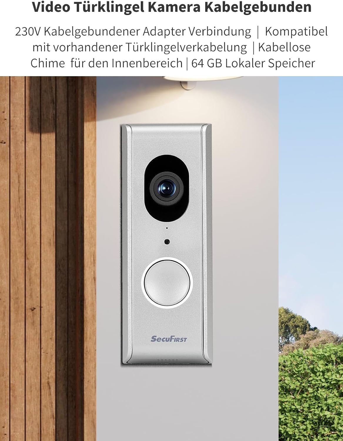 SecuFirst Slimme Video Deurbel met Camera met Draadloze Gong,Bedraad Doorbell, + SD Kaart 64GB opslag,Geen Verborgen Kosten, 2-Weg Audio, Zilver- DID701S