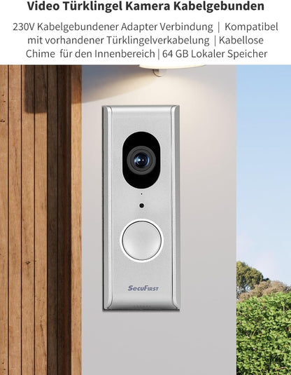 SecuFirst Slimme Video Deurbel met Camera met Draadloze Gong,Bedraad Doorbell, + SD Kaart 64GB opslag,Geen Verborgen Kosten, 2-Weg Audio, Zilver- DID701S