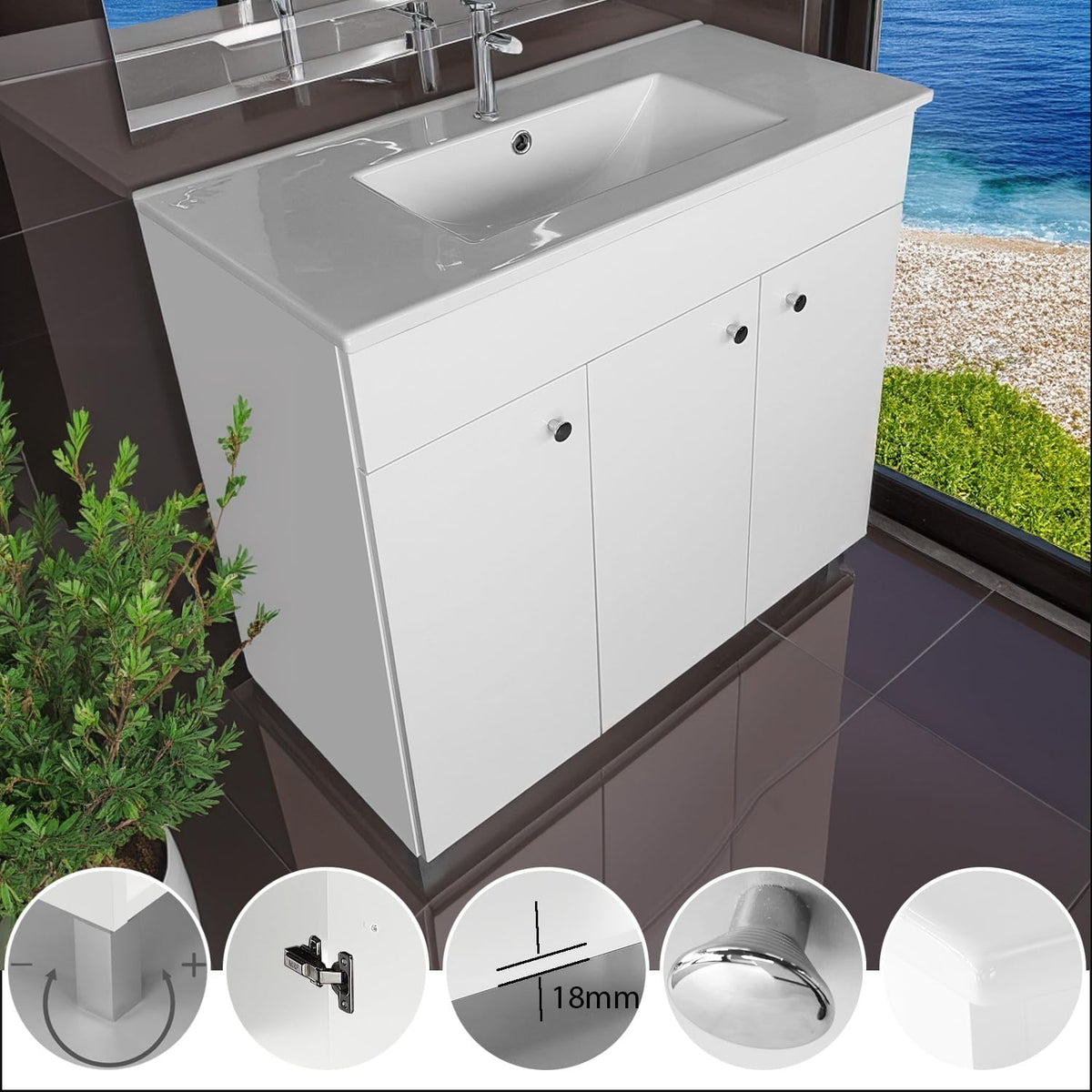 IGA washbasin with base cabinet - 80 x 84 x 40 cm basin with base cabinet for the bathroom - bathroom furniture set white high gloss - QUORE
