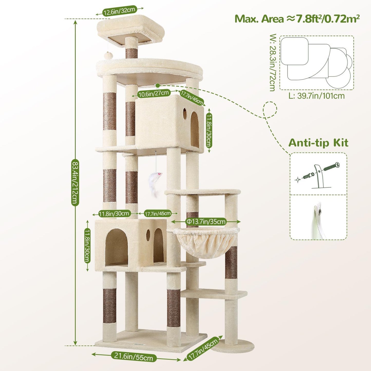 Krabpaal – Kattenboom – Kattenhuis – Kattenmeubel – Kattenmand – XL 213 cm Hoog – Luxe Sisal Krabpaal – Stabiel Met 2 Ruime Kattenholen En Gevoerde Zitstangen