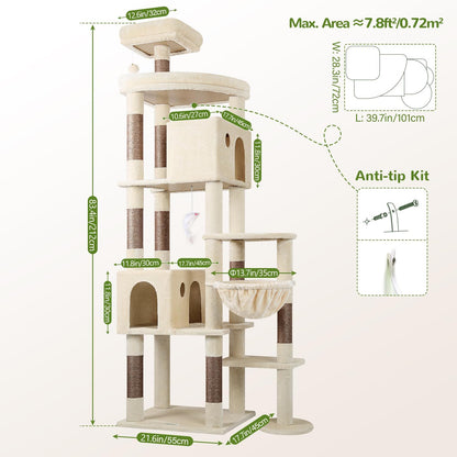 Krabpaal – Kattenboom – Kattenhuis – Kattenmeubel – Kattenmand – XL 213 cm Hoog – Luxe Sisal Krabpaal – Stabiel Met 2 Ruime Kattenholen En Gevoerde Zitstangen