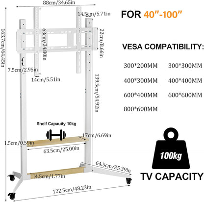 unho Mobiele tv-standaard met wielen voor tv's van 40-100 inch, witte tv-trolley, rollende tv-standaard met planken, verstelbare hoogte, heavy-duty MDF en stalen constructie, maximale belasting 100 kg