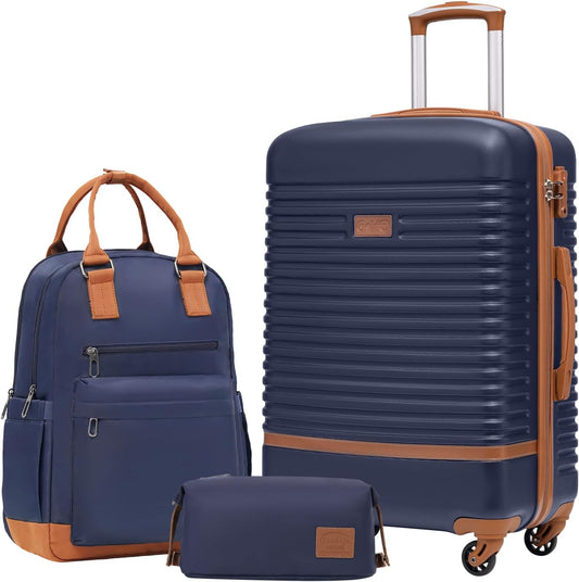 COOLIFE Koffer trolley koffer reiskoffer van ABS hard shell trolley 4 wielen TSA-slot De koffer bevat 1 reisrugzak en 1 toilettas, blauw/bruin, Mittlerer Koffer-Set 3tlg, Klassiek