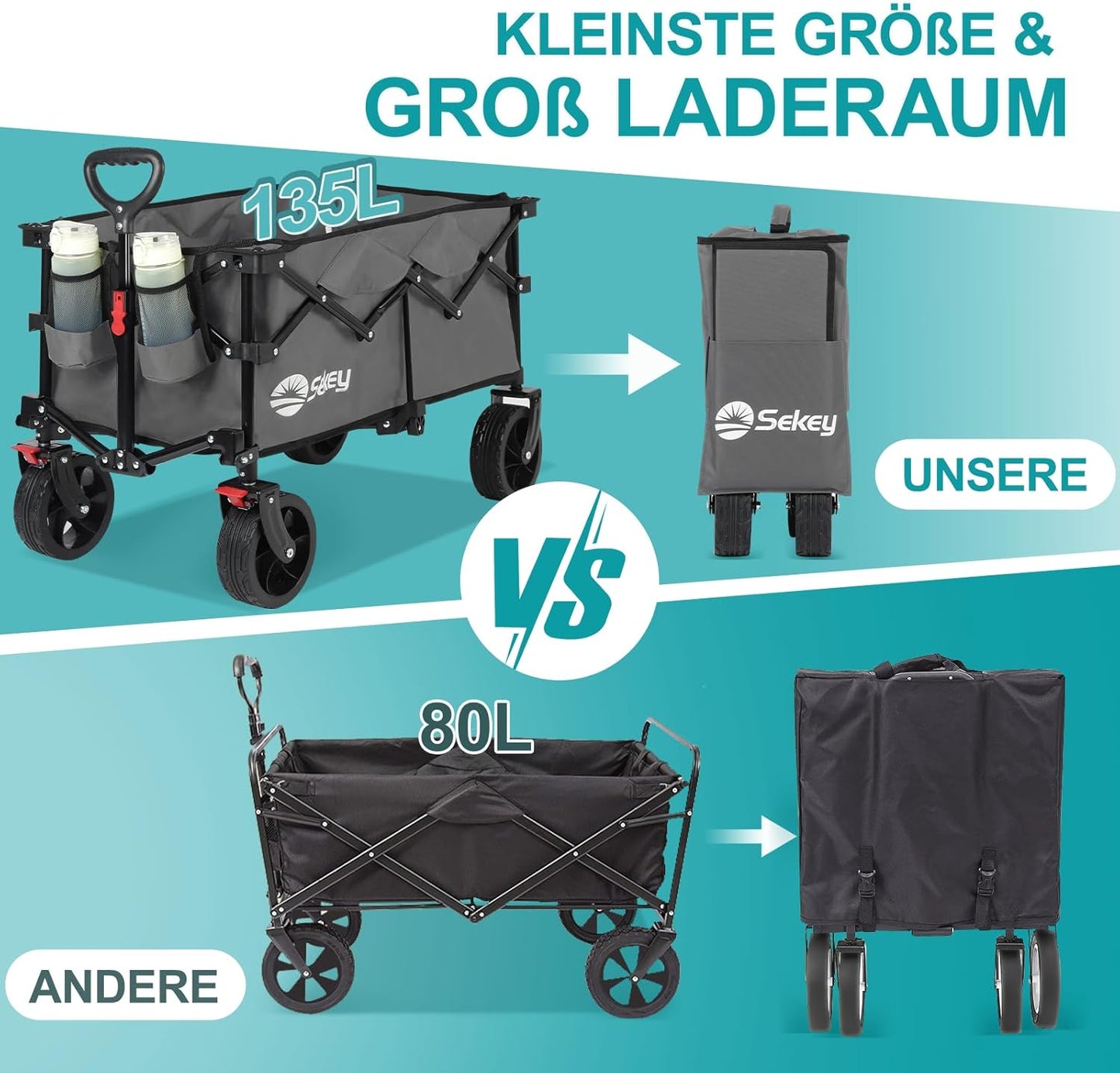 Sekey XXL opvouwbare handkar met uitklapbare achterklep 135L & 200L, opvouwbare handkar opvouwbare vistrolley opvouwbaar vanuit VIER richtingen tot 150KG, SE4019, Grijs