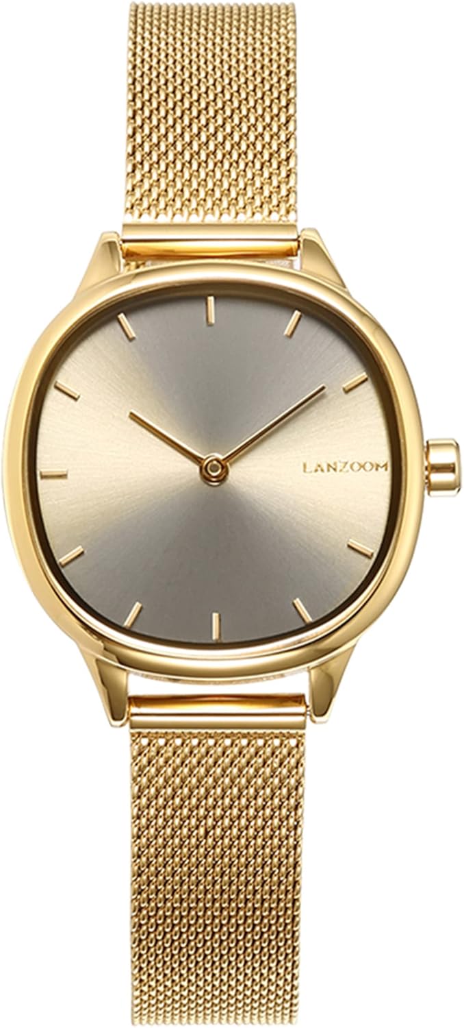LANZOOM Dameshorloge minimalistisch ontwerp grijze kleur vierkante wijzerplaat met gouden Milaan stalen band serie Braini., Goud, armband