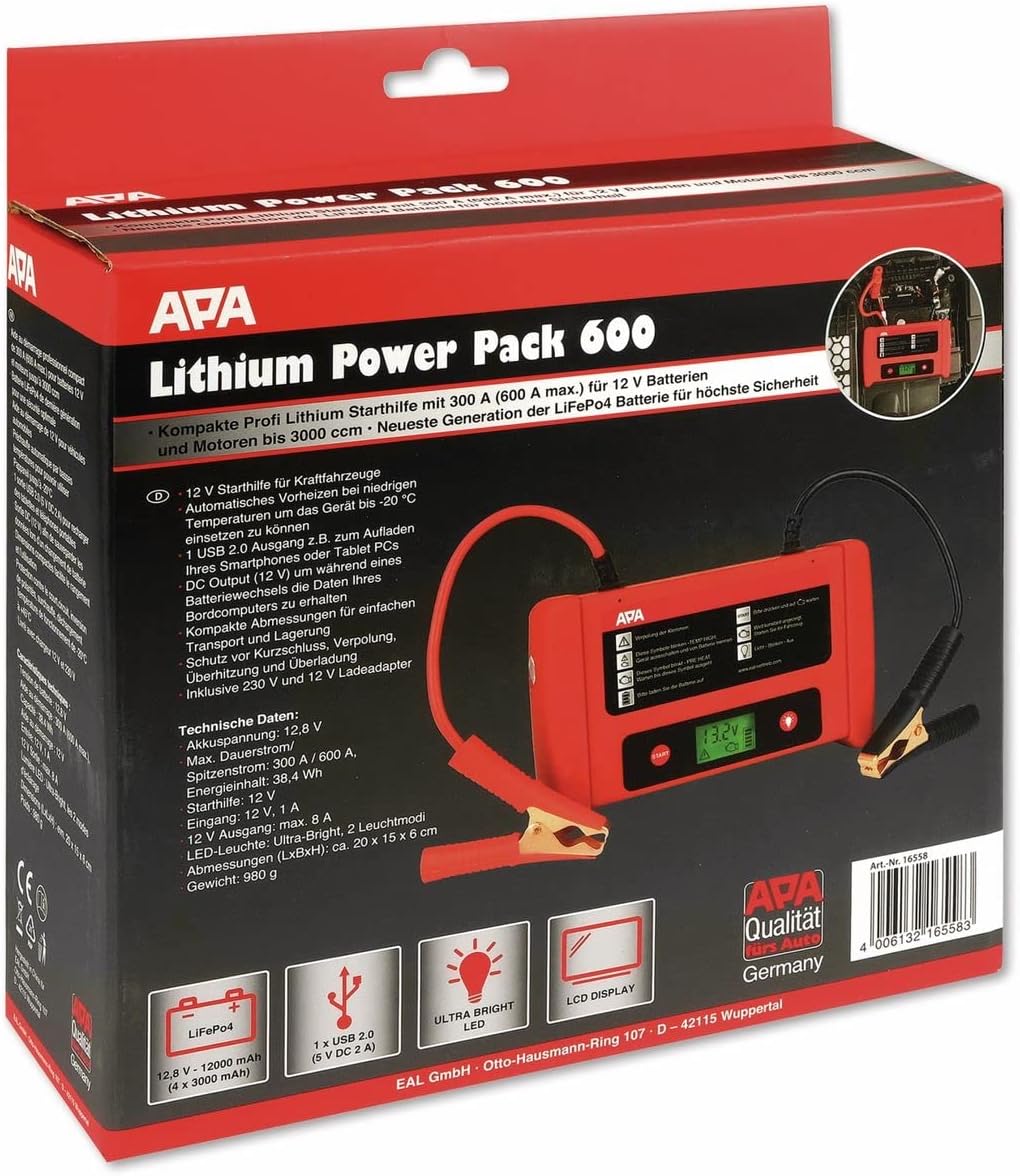Lithium jumpstarter – Powerpack – Starthulp – Startbooster – Noodstarter – Zwart – LiFePO4 12.000 mAh – 12V 300A, max. 600A