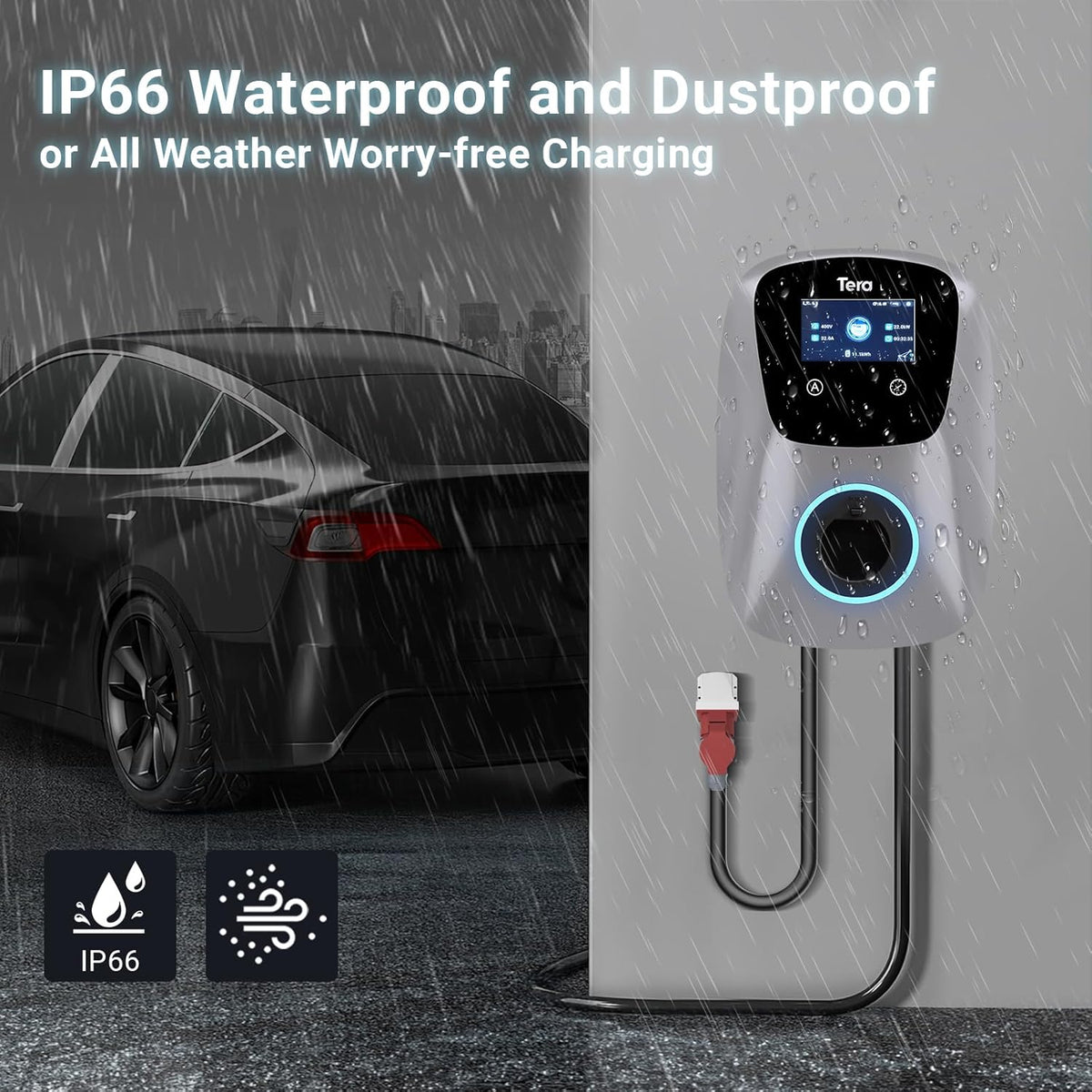 Tera EV oplader Smart APP met 16-32A type 2 22kW of 11kW of 22kW thuis laadstation 400V CE & TÜV Wallbox 7 m oplaadkabel met laderhouder app-besturing CEE 3-fasen stekker W01, zilver
