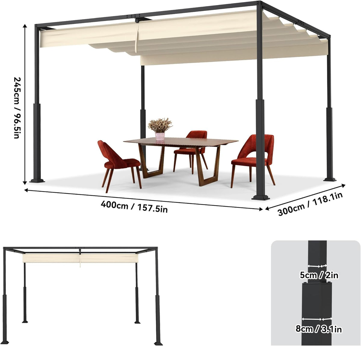 Outdoor Pergola, Stable Metal Frame, Garden Gazebo with Wind and Sun Protection, Sliding Roof, Freestanding Canopy, Retractable Canopy for Garden, Patio and Balcony, 3 x 4 m, Beige - QUORE