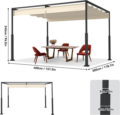 Outdoor Pergola, Stable Metal Frame, Garden Gazebo with Wind and Sun Protection, Sliding Roof, Freestanding Canopy, Retractable Canopy for Garden, Patio and Balcony, 3 x 4 m, Beige - QUORE