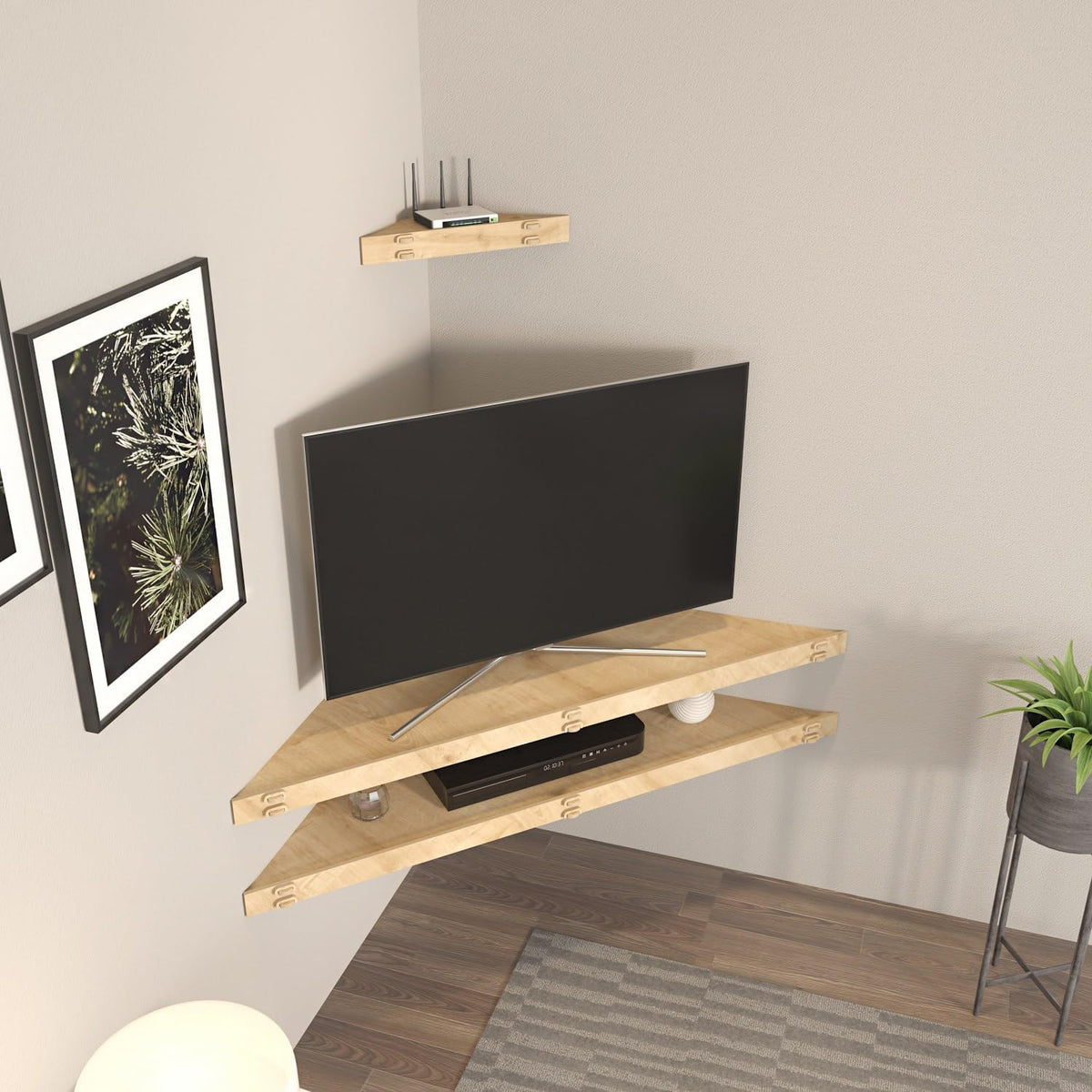 Stijlvol eiken tv-standaard, 120 cm breed, 5 cm hoog, 49 cm diep, 100% melamine gecoat, 8 mm dik, perfect voor moderne woonkamers
