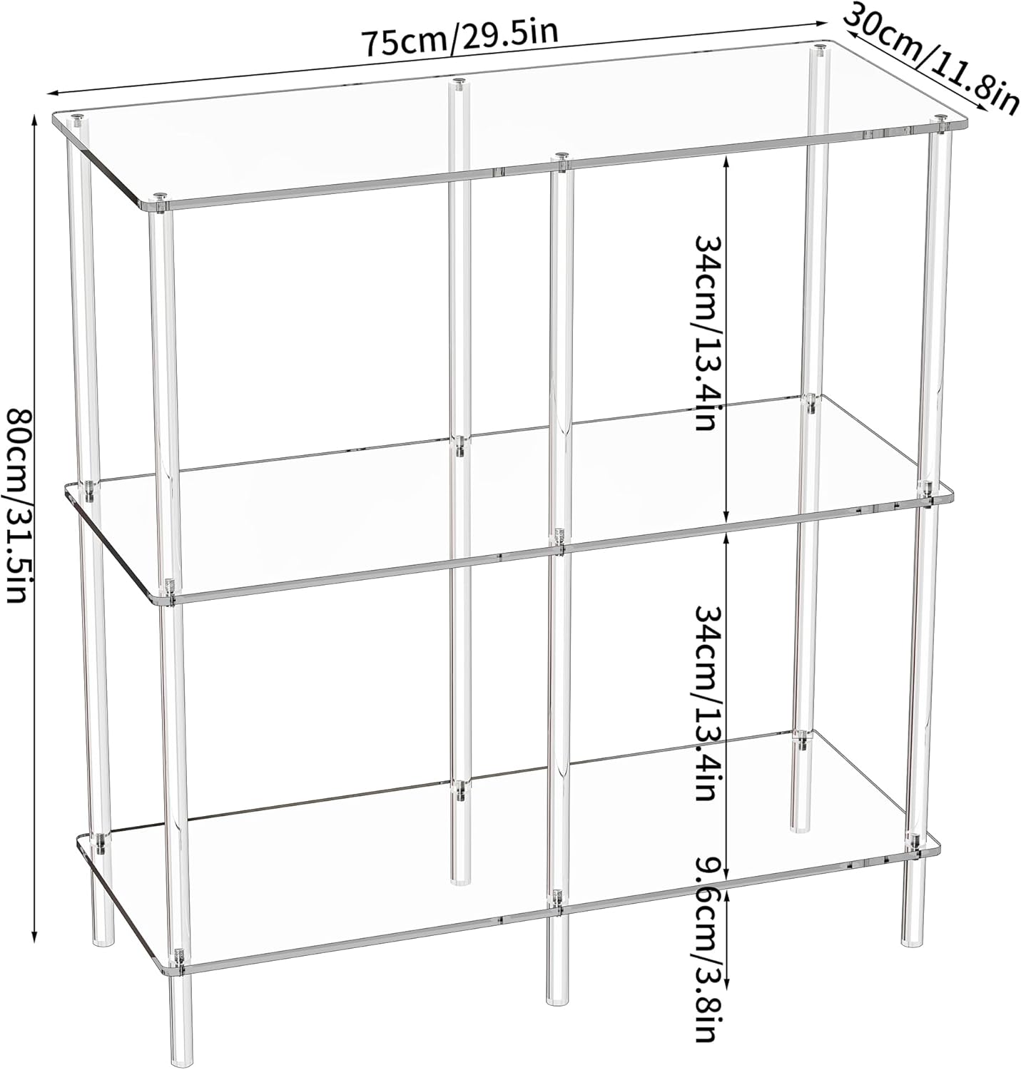 Acryl consoletafel, 3-laags acryl boekenplank boekenkast, vrijstaand, 75 x 30 x 80 cm (transparant)