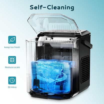EUHOMY IJsblokjesmachine, 9 ijsblokjes in 6 minuten, 2 ijsblokjesmaten, roestvrijstalen ijsmachine voor het werkblad, 12 kg/dag ijsblokjesmaker, zwart, voor thuis, keuken, kantoor, camper