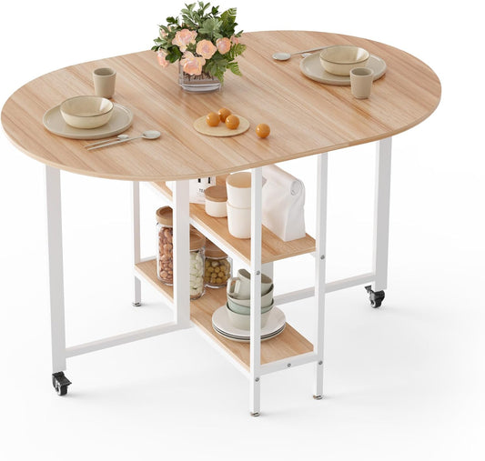 Mondeer Mobile Folding Dining Table, Folding Table with 2 Open Storage Shelves, Round Edges, Small Spaces, Dining Room, Kitchen, 120 x 80 x 75 cm, Oak and White