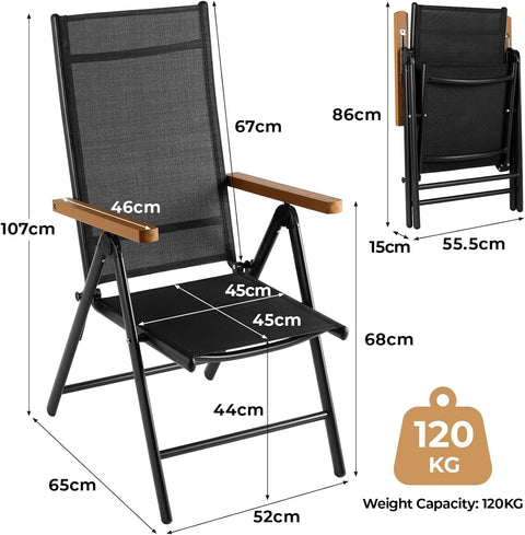 Tuinstoelen - Klapstoel - Vouwstoel - Campingstoel - Set van 2 - Buitenstoelen - Verstelbaar Rugleuning - Opklapbaar - 7-voudig - voor - Terras - Tuin - Camping - Ademend Textileen - Aluminium - 52 x 65 x 107 cm - Zwart