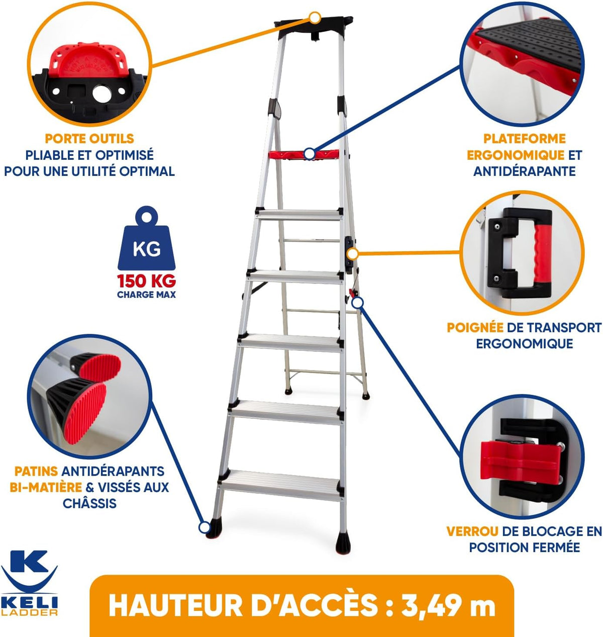 Keli Vouwladder, trapladder, trapladder, robuust aluminium, professionele kwaliteit, draaggreep, gereedschapshouder van ABS, inklapbaar (6 treden)