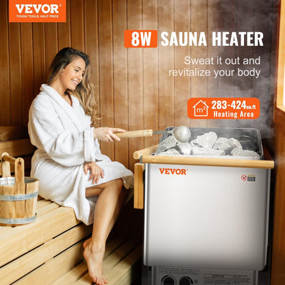 VEVOR Elektrische saunakachel, 8 kW, 400 V, 3 N, draagbare saunaverwarming voor binnen en buiten, met timer van 3 uur, geïntegreerde bediening voor 8-12 m³, commerciële hotel-spa-douche, roestvrij