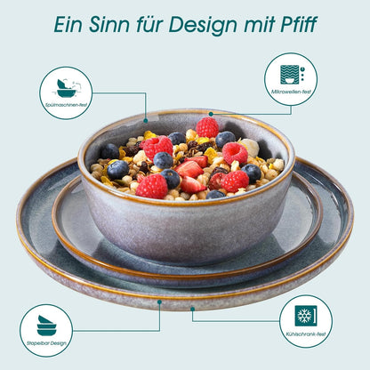 vancasso PLAYA Servies voor 6 personen, 18-delig, reactief glazuur, tafelservies voor 6 personen, modern, aardewerk serviesset, bevat kom, dessertborden en platte borden, vaatwasmachinebestendig